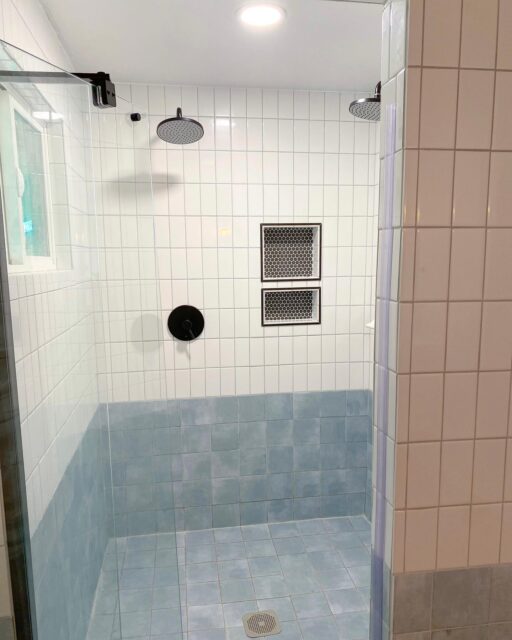 When one shower head just isn’t enough..

.. check out this color block shower. The blue tiles really make this one pop! 
-
-
-
-
-
-
-
#boiseremodel #remodel #tile #tilework #idahoremodeling #boisebusiness